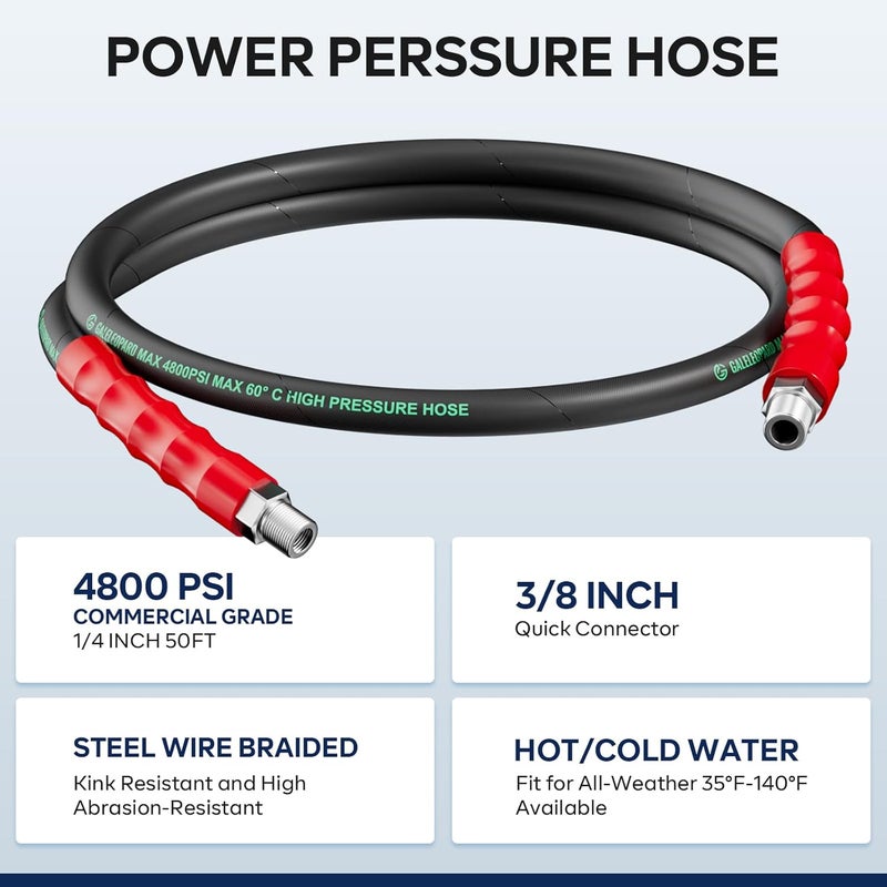 GALELEOPARD Pressure Washer Whip Hose Reel Connector 10FT, 3/8'' Steel Wire Braided Hose for Power Washer, Suitable for Hot and Cold Water, 4800 PSI - Image 3